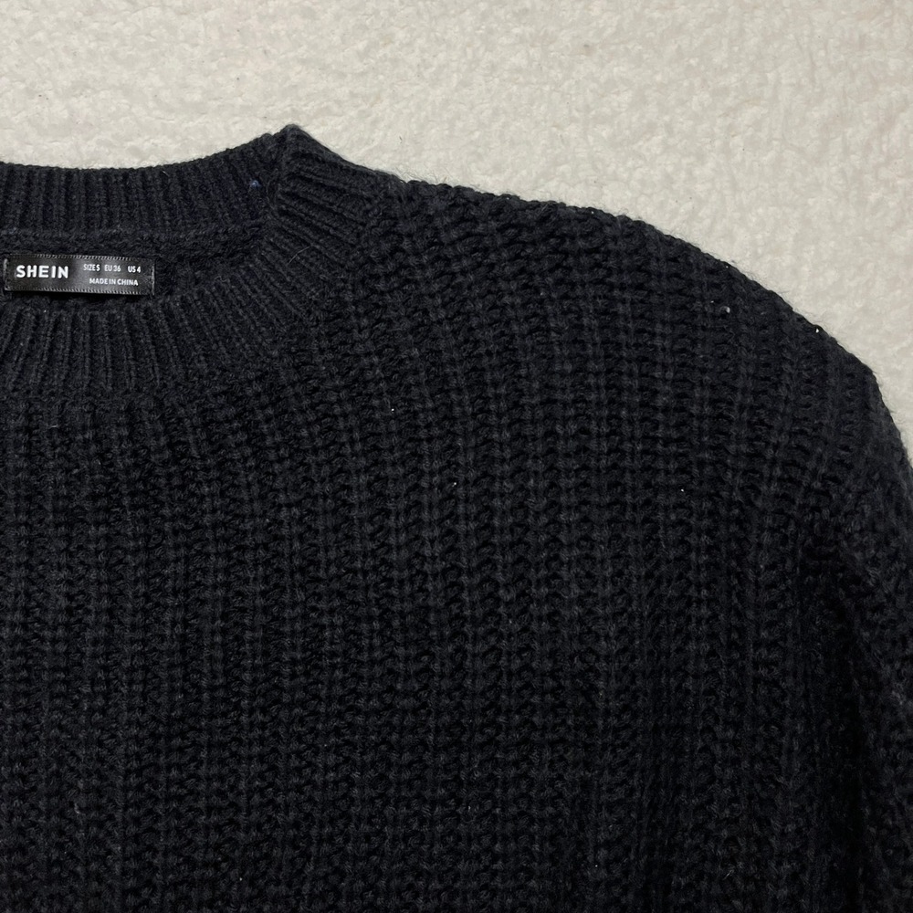 SHEIN Sweater Womens S Black Cropped Chunky Ribbed Knit Crewneck Pullover 4473 - Picture 1 of 8
